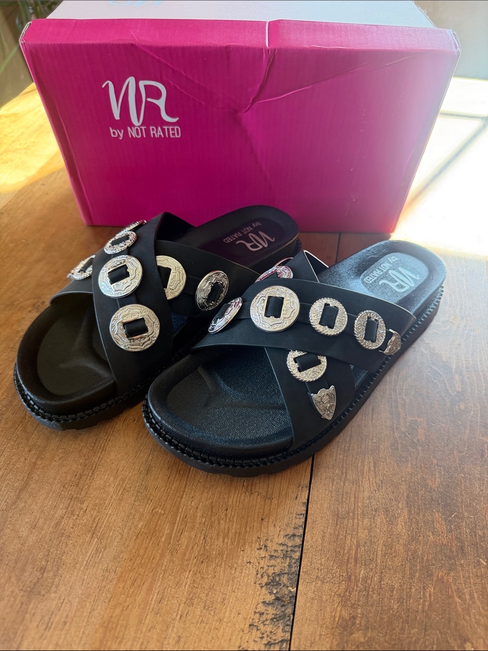 Not Rated Black Slide Sandals with Silver Medallion Accents